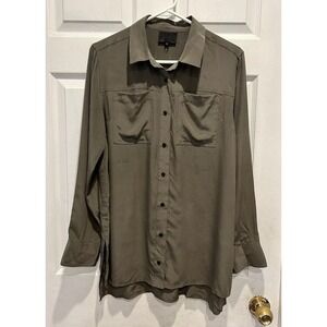 VTG‎ Quinn Silk Button Down Shirt Olive Green Long Sleeve Pocket Women's Medium